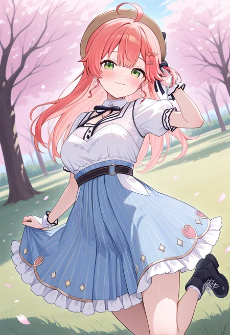 masterpiece,best quality,absurdres,perfect lighting,tree,cherry blossoms,petals,grass,
*//*,<lora:Sakura_Miko-Illustrious:1>,sakumiko_2offset,1girl,solo,sakura miko,virtual youtuber,green eyes,pink hair,long hair,bangs,ahoge,hair ornament,hairclip,white shirt,short sleeves,puffy sleeves,wrist cuffs,bridal gauntlets,striped skirt,blue skirt,frilled skirt,hat,boots,black footwear,earrings,jewelry,
*//*,looking at viewer,cowboy shot,dutch angle,dynamic pose,light smile,