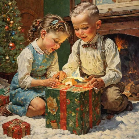 child's overwhelming joy, opening a gift, Christmas morning, wide-eyed, vibrant colors, warm indoor lighting, (Norman Rockwell:1.5) style, (nostalgic:1.3) (high detail:1.2) (emotive:1.4) (textured brushwork:1.1)