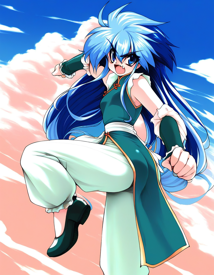 score_9, score_8_up, score_7_up, source_anime, rating_explicit, BREAK  <lora:Ryuho_QOD_XL:1>  Ryuho_QOD, blue hair, blue eyes, light blue hair, long hair, small breasts, multicolored hair, two-tone hair, 
1girl, solo,  chinese clothes, 1990s (style), pants, fang, open mouth,ãwhite pants, fighting stance, shoes, green China dress,
sky, day,