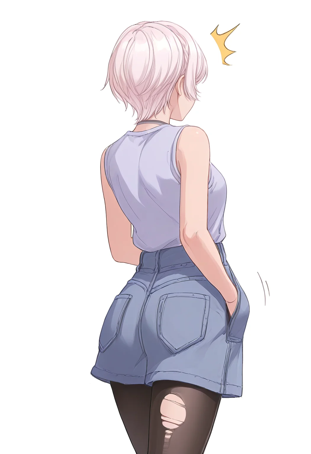Smooth Quality,masterpiece,beautiful aesthetic, very intricate, high quality details, ultra realistic, high detailed skin,
simple background, white background, 
^^^,from behind,walking pose, one hand in pocket, head slightly turned, casual stride, confident aura,  ,
torn pantyhose,  ,sleeveless shirt, 
 <lora:Natsukawa_Renacnn:0.8> rena/cnn, 1girl, short hair,