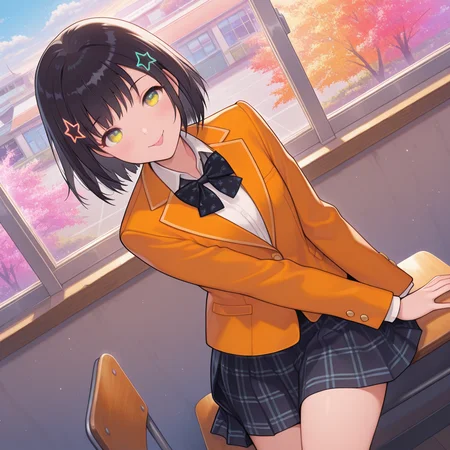 masterpiece, best quality, amazing quality, colorful, vibrant, very aesthetic, detailed background, <lora:lah-hitomi-v1-09:1> lah-hitomi, 1girl, solo, school_uniform, white shirt, star hairclip, single hairclip, black bowtie, light-orange blazer, cowboy shot, dynamic_pose, dynamic_angle, black hair, sitting, school, smile, tongue out,