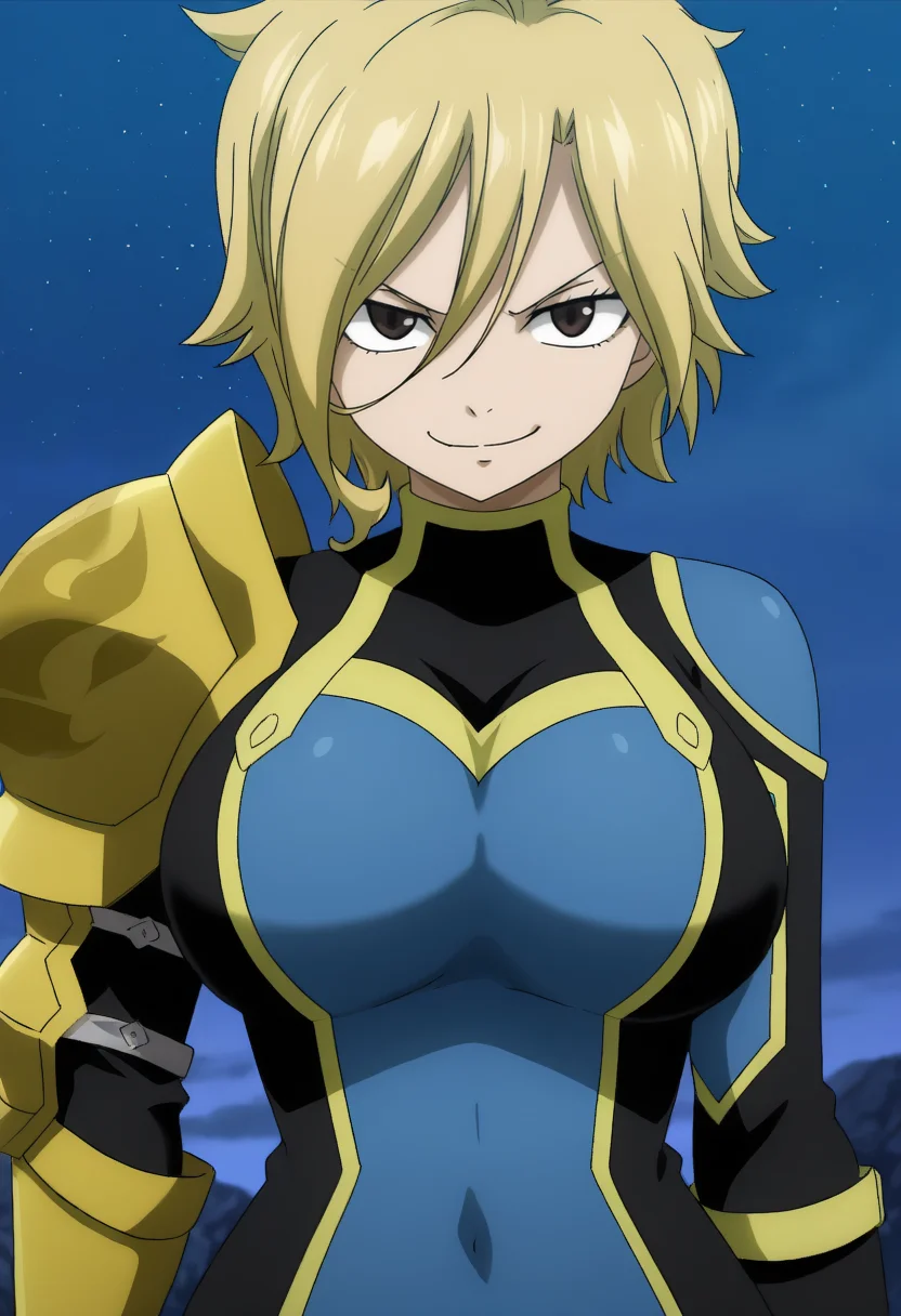 masterpiece, best quality, newest, absurdres, highres, anime screenshot, anime coloring, fairy tail, dark, outdoors, night, closed mouth, 1girl, solo, dimaria, brown eyes, bangs, short hair, blonde hair, hair between eyes, multicolored bodysuit, blue bodysuit, black bodysuit, yellow trim, skin tight, single pauldron, yellow pauldron, single gauntlet, yellow gauntlet, looking at viewer, smug, grin <lora:Dimaria_Yesta_all_in_one_last_Illustrious:1>