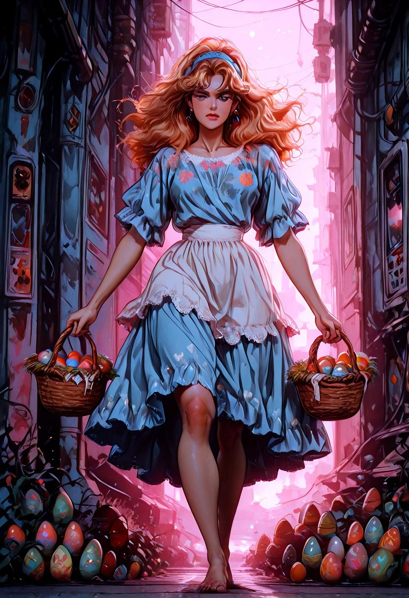 masterpiece, Shinkaistyle,
pinkretroanime, retro art,
Cyberpunk Style, cyberpunk, science fiction, hi tech, future tech, neon, (Cybernetics:1.25), (Neon Cityscape:1), (lineless:1.5), smooth edges, (lighten the face:1.5), tall body, slender body, fit body, long legs, 1girl, (20 years old:1.9), In the image, a young anime-style woman stands in a whimsical Easter setting, surrounded by a bounty of colorful Easter eggs. She is dressed in a pastel blue dress adorned with white lace and a matching blue headband, adding to her springtime charm. The dress has short sleeves and features a delicate floral pattern. A white apron with red stitching adds a touch of homeliness to the outfit. The woman is holding a wicker basket overflowing with Easter eggs, each one painted in vibrant shades of yellow, pink, blue, and green.
