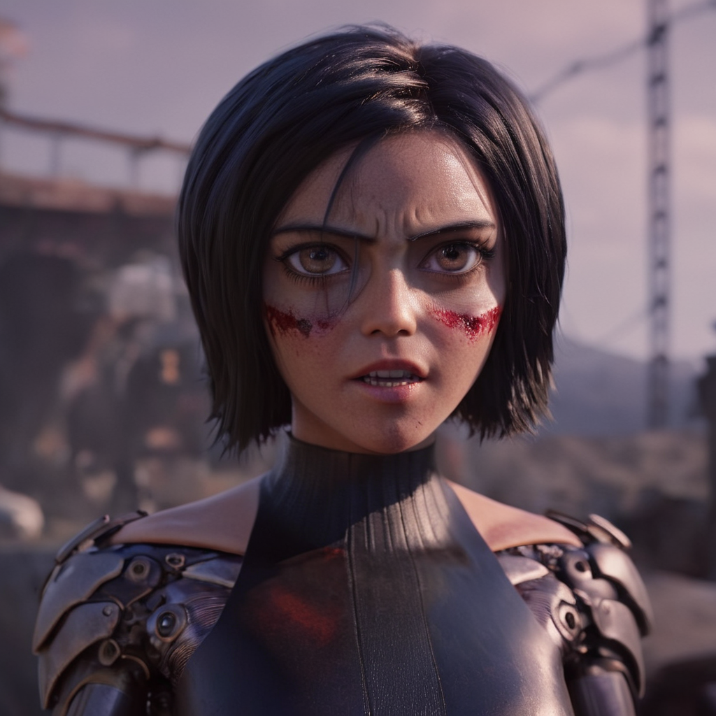 cinematic film still of  <lora:perfection style:0.9>
 <lora:Alita:1>
In futuristic 2563 Alita Ganmu a woman with a bloody face and a hand on a chain,1girl,solo,looking at viewer,short hair,open mouth,shirt,black hair,teeth,pants,signature,facial mark,robot,t-shirt,angry,realistic,facepaint,mechanical arms,cyborg,single mechanical arm,detailed,real,different,unique,cinematic,dramatic,concept art,filmic,Battle Angel style , big eyes, shallow depth of field, vignette, highly detailed, high budget, bokeh, cinemascope, moody, epic, gorgeous, film grain, grainy