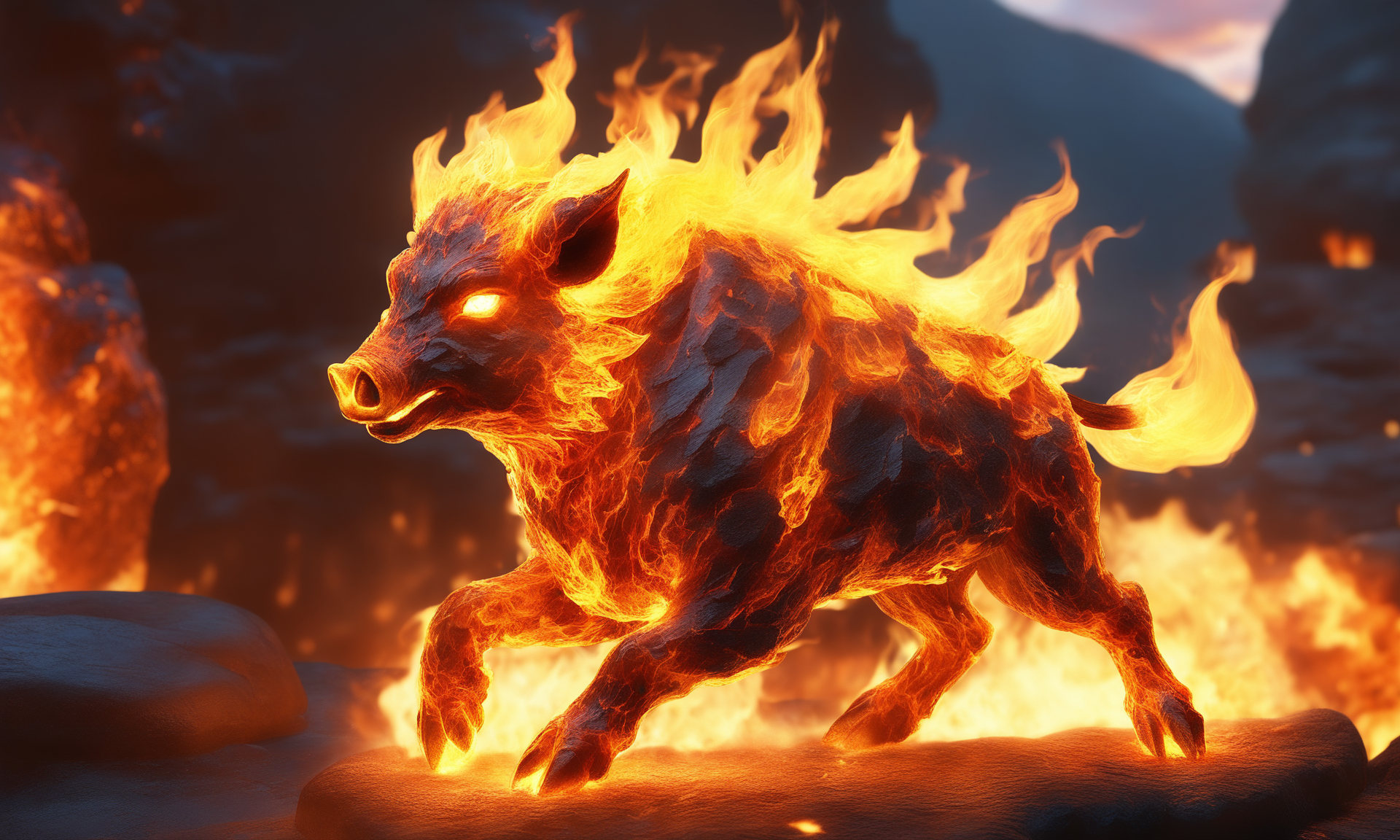<lora:firecd_xl-000017:0.6>,a transparent fire elemental boar made of (firecd_xl,raging flames:1.2,burning) in hell,fire eyes,fire hairs,fire body,splash fire,no humans,long-focus,tilt-shift,outdoors,on molten rock,full body,chinese zodiac,cutie,cute,still life,front view,facing viewer,looking at viewer,ethereal fantasy concept art,magnificent,epic,majestic,magical, emotional,harmonious,high budget,moody,epic,gorgeous,perfect lighting,realistic,photorealistic,photographic,photo (medium),real,moody lighting,volumetric lighting,reality ray tracing,8K,HDR,UHD,masterpiece,best quality,highly detailed,high resolution,finely detail,extremely detailed,ultra detailed,wallpaper