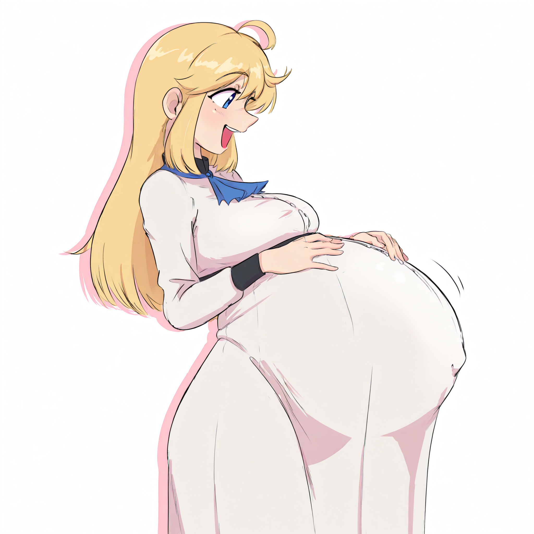 masterpiece, best quality, amazing quality, very aesthetic, absurdres, 
1girl, solo, from side, three-quarter view, three-quarter portrait, 
, blonde hair, blue eyes, cowlick, long hair, happy, 
pregnant, big belly, 
, light pink drop shadow
white background, simple background, 
(masterpiece), (best quality), (ultra-detailed), amazing quality, very aesthetic, illustration, perfect composition, intricate details, absurdres, incredibly absurdres,anime coloring, 
 <lora:Clinkoclinko_Illu:1>, clinkoclinko,