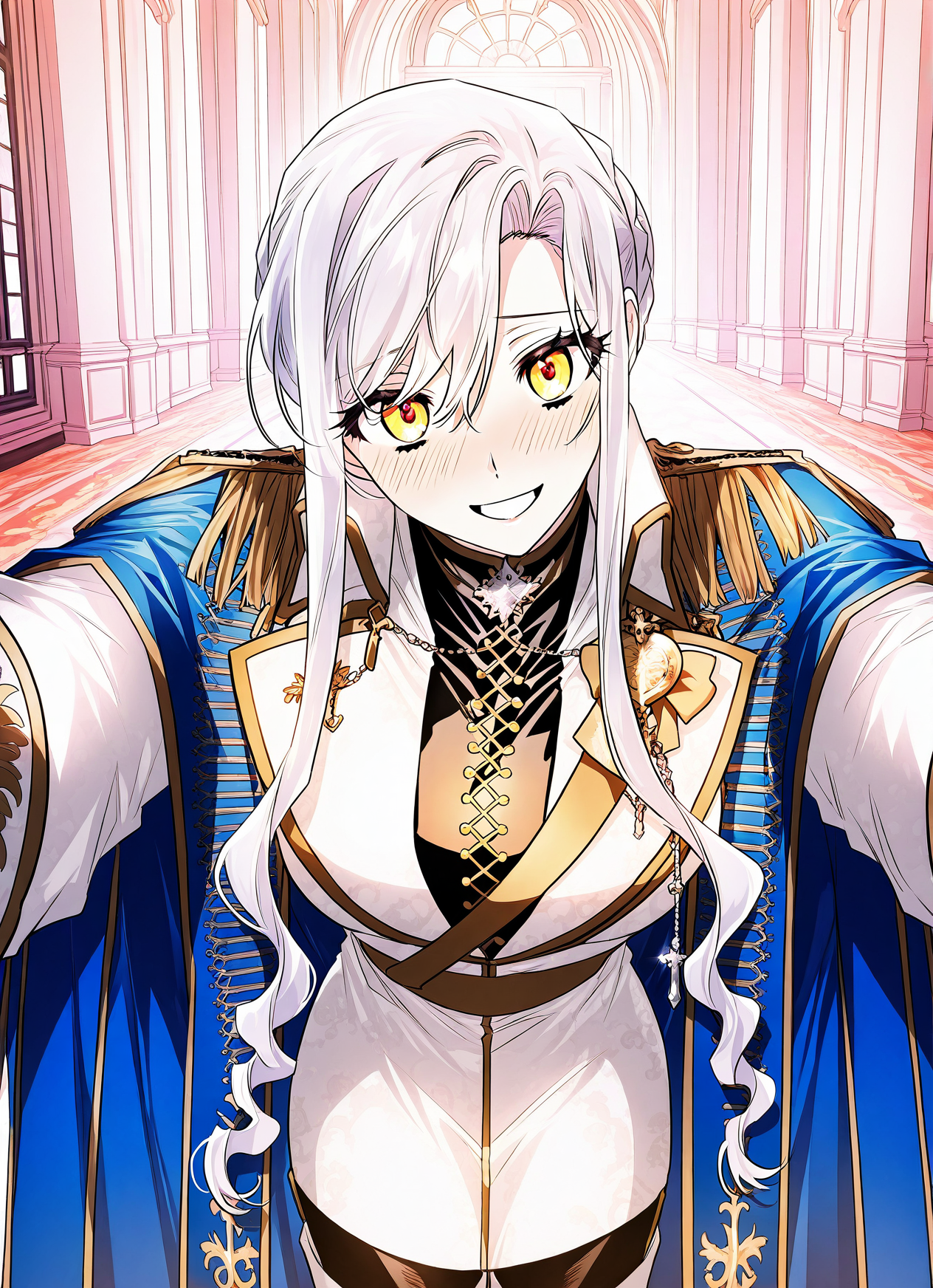 <lora:Sigrid__Sigrid__Illustrious v2:1>
Sigrid, 1girl, solo, masterpiece, best quality, beautiful female knight, long braided white hair, golden eyes, slim athletic body, 
sigrid_royal_ceremonial_uniform, wearing a black and white royal ceremonial uniform with gold decorations, royal blue cape with golden embroidery, white thigh-high boots, ornate silver brooch, black pants
score_9, score_8_up, score_7_up, score_6_up, source_anime, rating_explicit, 1girl, solo, smile, embarrassed, alcalose eyes, open mouth, mansion, indoors, looking at viewer, outstretched arms, pov, close-up, (head tilt:1.2)