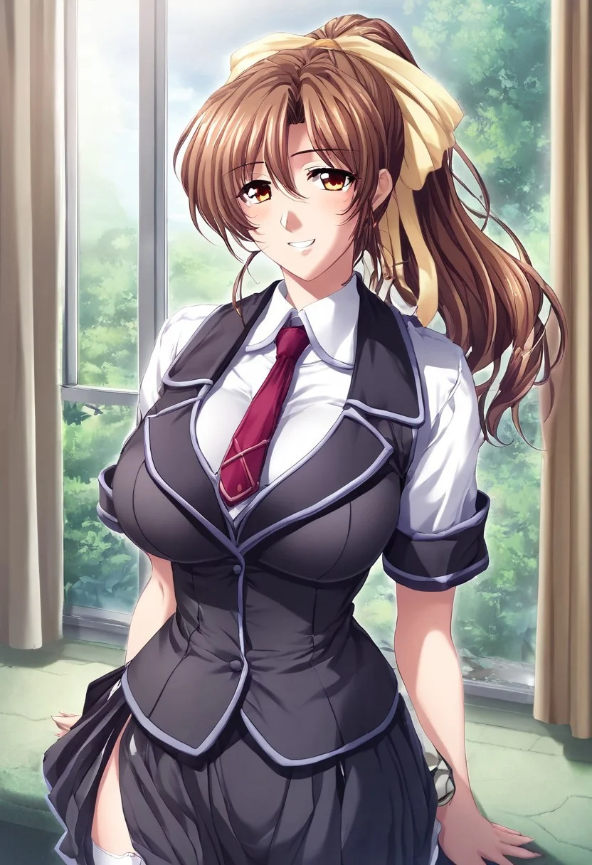 score_9,score_8_up,score_7_up,source_anime,5_figner,2d_animation,game cg,BREAK,1girl,solo,
Morio Yuka,brown hair,orange eyes,ponytail,hair ribbon,ribbon,school uniform,necktie,white thighhighs,zettai ryouiki,skirt,
large breast,cowboy shot,looking at viewer,smile,standing,front view,
indoor,room,
masterpiece,best qualit,ultra-detailed,illustration,an extremely delicate and beautiful,beautiful detailed eyes,unity 8k wallpaper,high resolution,anime CG,official_art,Erotic_style
