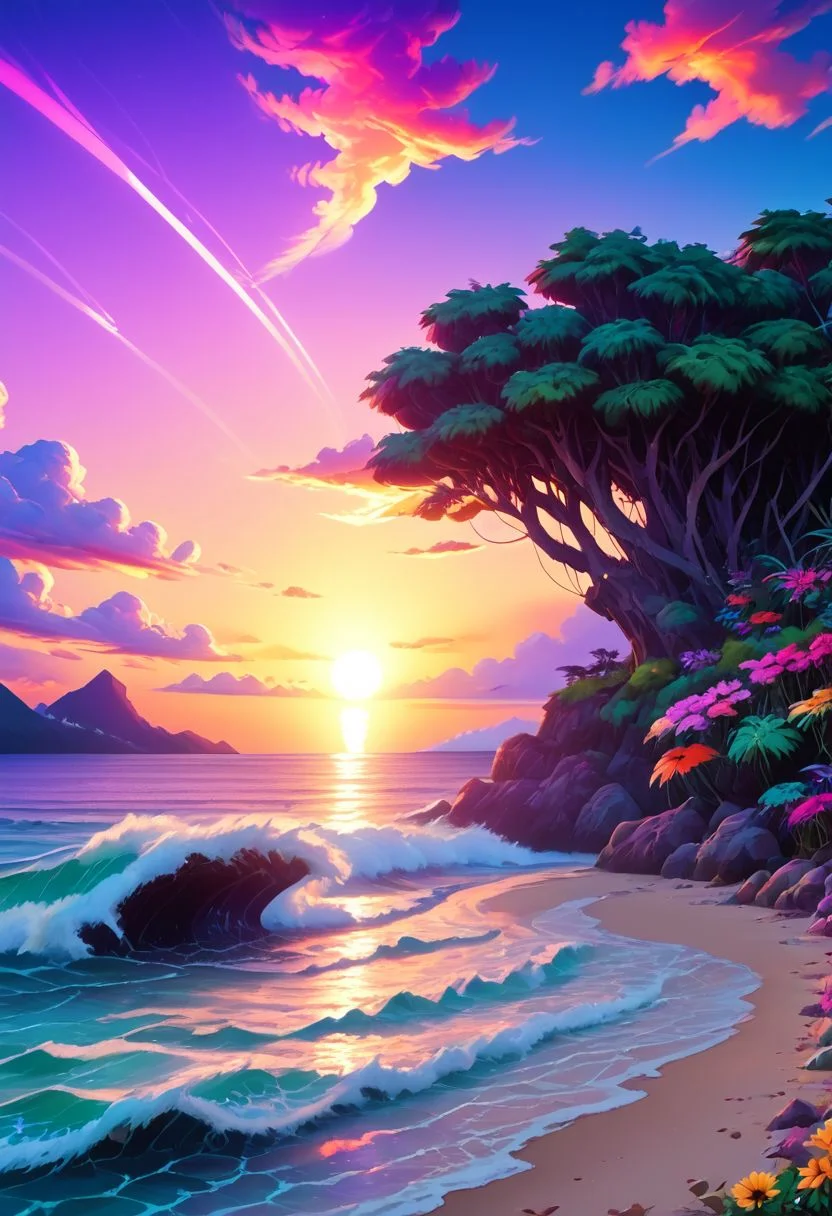 Score_9, score_8, score_7, score_6, Gorgeous animation, footpath from cliffs to the beach, flowers, greenery, ocean waves, ((highly stylized neon purple sunset background)), ((/rainbow gradient sunset/)), ((/vaporwave sunset/)), ((/neon purple sun/)), striations of light in sunset, ((godrays))