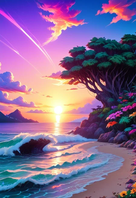 Score_9, score_8, score_7, score_6, Gorgeous animation, footpath from cliffs to the beach, flowers, greenery, ocean waves, ((highly stylized neon purple sunset background)), ((/rainbow gradient sunset/)), ((/vaporwave sunset/)), ((/neon purple sun/)), striations of light in sunset, ((godrays))