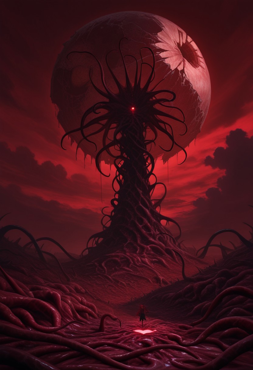 AMAZING QUALITY, MASTERPIECE, W1CK3D, SCENERY, RED SKY, CLOUDY, BROKEN MOON, NIGHTMARE, ELDRITCH, FLESH, RED THEME, GLOWING LIGHTS, HEART