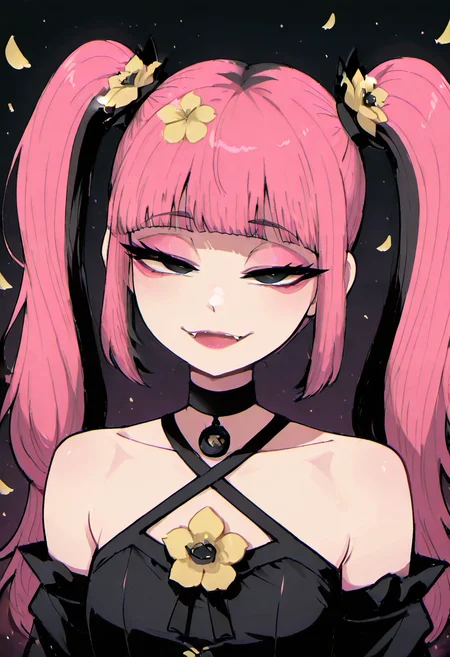masterpiece, best quality, 1girl, solo, looking at viewer, zzSango2, black eyes, pink hair, blunt bangs, looking at viewer, ( jitome, half-closed eyes), pink eyeshadow, beautiful eyes, (fangs:1.1), dress, bare shoulders, collarbone, upper body, flower, choker, black dress, petals, makeup, black choker, lipstick, <lora:RoseBlissCitron:0.8>, ,<lora:SangoTimeSkipPokemon_IXL:1.0>,