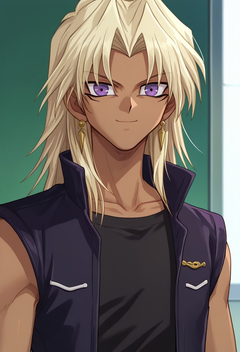 score_9, score_7_up, source_anime
marikuish, 1boy, male focus, solo, dark skin, dark-skinned male, purple eyes, blonde hair, long hair, parted bangs, shirt, black shirt, jacket, black jacket, sleeveless, smile, collarbone
outdoor,