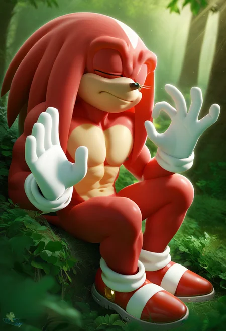 score_9, score_8_up, score_7_up, depth of field, ambient occlusion, bokeh, cel shading, black illustration lines, cinematic lighting, Expressiveh, hoovesart, shoes, gloves, Source:Sonic the Hedgehog, short, solo, cute, male, knuckles the echidna, forest, giant emerald, pachameme, hands up, ok sign, closed eyes,