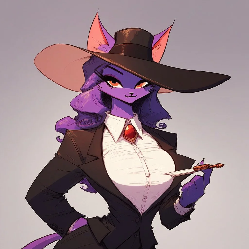 score_9, score_8_up, score_7_up, jjco, solo, 1girl, furry cat, large breasts, business suit, large hat, looking at viewer, masterpiece, detailed, Expressiveh