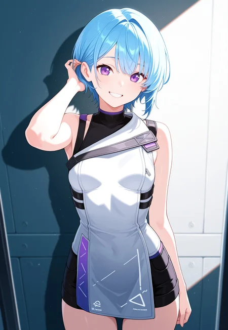 masterpiece, best quality, good quality, very aesthetic, absurdres, newest, 8K, focused subject BREAK 1girl, cowboy shot, adjusting hair, short hair, blue hair, purple eyes, looking at viewer, smile, teeth elmodorm, sleeveless, zipper, small breasts