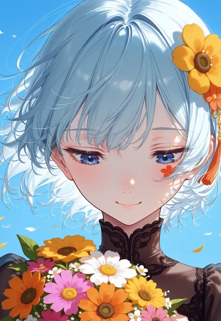 safe_pos, score_9, score_8_up, score_7_up, score_6_up, semi realistic, (au \(d elete\):1.2), 96yottea,masterpiece, best quality, very aesthetic, absurdres, solo, ((1girl)), short hair,close up,face focus, portrait,looking down,clear blue sky, flower on hair,wind,hair blowing,holding a bouquet of pastel-colored flowers close to face,black see-through sleeves lace detail,front view,small smile, detail eyes,