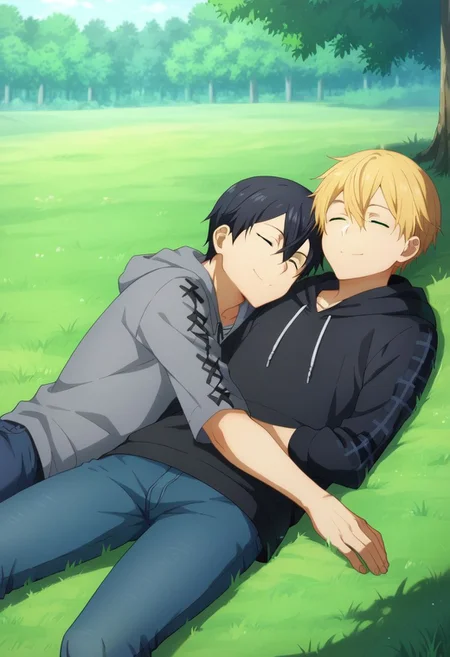 score_9, score_8_up, score_7_up, source_anime, highly detailed,
1boy, 1boy,
Kazuto Kirigaya, SAO, black hair, black eyes,
and eugeo, green eyes,blonde hair,hair between eyes, green eyes,
outdoor, tree, grass, lying down, tartan blanket, hoodie, jeans, socks, sleeping, embrace, smile, closed eyes, up view,