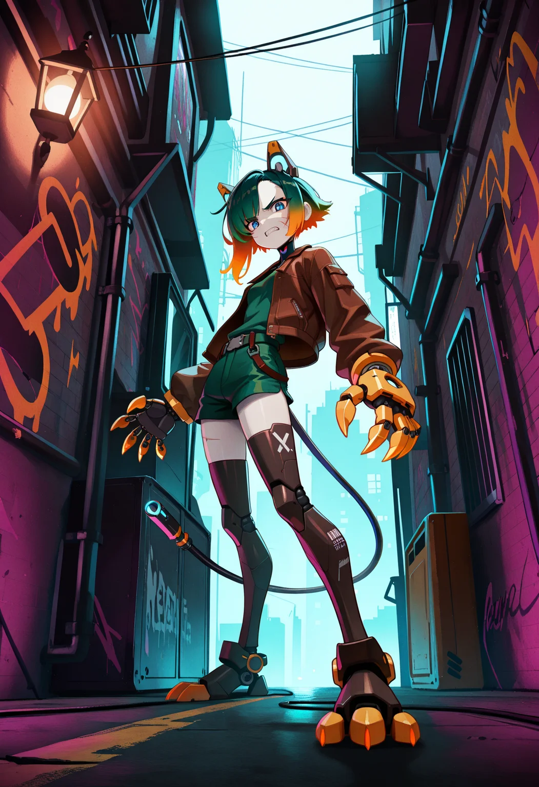 solo, 1girl, blue eyes, skinny, pale skin, ((orange hair), green hair, gradient hair), short hair, asymmetrical bangs, small breast, cyberpunk clothes,
robotic cat ears, ((cyber tail, claws, paws)), (scars), android augmentation, reelmech, mechanical joints, sleek mechanical parts, machinery, joints, cybernetic arms, (robotic legs, mechanical paws),
green shirt, green shorts, brown leather jacket,
looking at viewer, from below, side view,
standing, fighting stance, angry, teeth, dark alley, lamp, graffiti,
kunitarouartstyle, <lora:kunitarouartIL-style:1>