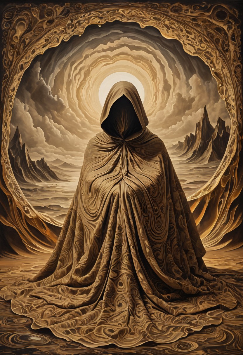(masterpiece, best quality:1.5), trippy abstract painting in sepia tones of a profile view of a hooded character, face covered by darkness, looking down, the character is sitting and fully covered by a beige cloak, knees up, ass down, the cloak has intricate frills that extend outward from the character creating geometric ripples and patterns, the ripples seamlessly blend into the background, filling the entire painting with a mesmerizing and complex design, the sepia color palette gives the artwork a vintage and surreal atmosphere, the geometric ripples form a hypnotic effect, drawing the viewer’s eye across the canvas, each ripple is carefully detailed with subtle variations in tone and texture, creating depth and dimension in the painting, wide angle, dali, helios-zarbi