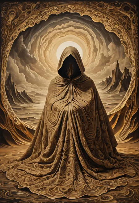 (masterpiece, best quality:1.5), trippy abstract painting in sepia tones of a profile view of a hooded character, face covered by darkness, looking down, the character is sitting and fully covered by a beige cloak, knees up, ass down, the cloak has intricate frills that extend outward from the character creating geometric ripples and patterns, the ripples seamlessly blend into the background, filling the entire painting with a mesmerizing and complex design, the sepia color palette gives the artwork a vintage and surreal atmosphere, the geometric ripples form a hypnotic effect, drawing the viewer’s eye across the canvas, each ripple is carefully detailed with subtle variations in tone and texture, creating depth and dimension in the painting, wide angle, dali, helios-zarbi