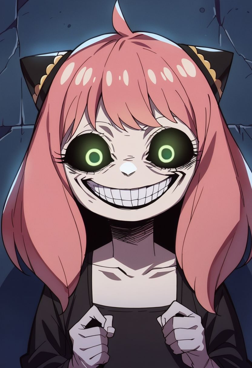 score_9, score_8_up,score_7_up,score_6_up, (Anya,bangs, green eyes, pink hair, female child, anya (spy x family),hairpods, child, dress), solgo, sharp teeth, evil grin, black sclera, glowing eyes,, source_anime, 1girl, 
solgo, sharp teeth, evil grin, black sclera, glowing eyes,
 <lora:Solgo-grin-v1-potat:0.8>