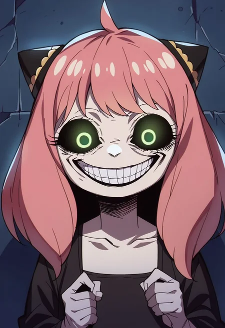 score_9, score_8_up,score_7_up,score_6_up, (Anya,bangs, green eyes, pink hair, female child, anya (spy x family),hairpods, child, dress), solgo, sharp teeth, evil grin, black sclera, glowing eyes,, source_anime, 1girl,
solgo, sharp teeth, evil grin, black sclera, glowing eyes,
<lora:Solgo-grin-v1-potat:0.8>