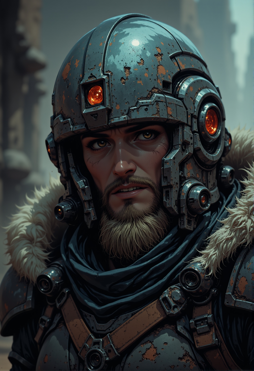 <lora:ck-chromatic-crusade_r1-000011:0.8>, in the style of ckcc, A closeup shot of a grim figure as a witcher wearing power armor. His facial expression is a grimace. He is outfitted in a war-torn suit tinged with fur and dark colors, yet reveals the harsh realities of a post-apocalyptic world. Bleak dark grainy apocalyptic environment.