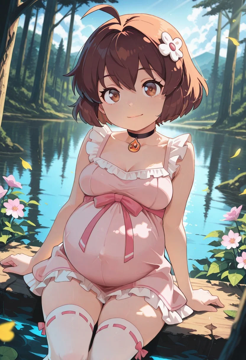 score_9, score_8_up, score_8, highly detailed, masterpiece, source_anime, medium breasts, cinematic light, hyper cute style, cinematic lighting, depth of field, volumetric lighting, highres, absurdres. realistic, highs details, depth of field, intricate details, (hyperdetailed), high detail, best quality, very aesthetic BREAK 1girl, solo, masterpiece, best quality, good quality, amazing quality, newest, 4k, perfect lighting, cinematic, very aesthetic, official art, anime screencap, anime coloring, light smile, sitting, lake, cowboy shot, dynamic angle, BREAK, brown hair, hair ornament, brown eyes, ahoge, short hair, pendant choker, pink dress, frills, ribbon, collarbone, white thigh highs, pink footwear, source_anime, very aesthetic, anime coloring, masterpiece, best quality, amazing quality, ultra detailed, very aesthetic, detailed background, BREAK, forest, flowers, clouds, day, floating leaves, looking at viewer. Pregnant,