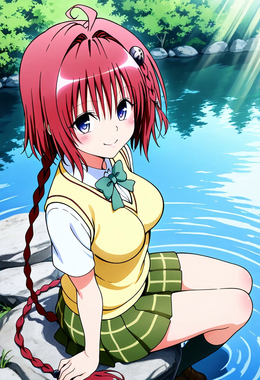 masterpiece, best quality, medium breasts, anime screenshot, to love-ru, to love-ru darkness, absurdres, highres, smile, 
mea kurosaki, ahoge, blue eyes, braid, hair intakes, hair ornament, long hair, red hair, hair braid, medium breasts,
green skirt, plaid, plaid skirt, sainan school uniform, school uniform, skirt, shirt, white shirt, sweater vest, yellow sweater vest,
sitting on a rock, lakeside, gentle breeze, reflective water, warm sunlight, relaxed expression, looking at viewer, smile, side view, from above, Sitting on a smooth rock by the crystal-clear lake, she leans back on her hands, letting out a soft sigh of contentment. The afternoon sun glistens on the rippling water, creating shimmering reflections that dance across her clothes. hair sways in the light breeze.