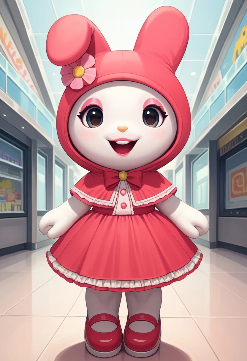 score_9, score_8_up, score_7_up, score_6_up, score_5_up, (ultra realistic, 32k, masterpiece:1.2), (high quality:1.1), Mymelo, antro, female, solo, smile, animal ears, open mouth, full body, day, rabbit ears, no humans, happy, pink flower, animal hood, animal focus, hooded capelet, furry, pokemon (creature), white body, pink ears, mall, bedroom eyes, pink makeup, pink mary jane shoes,, pink gothic dress with lace, pink lipstick, cute smile, looking at viewer, by pixelsketcher
