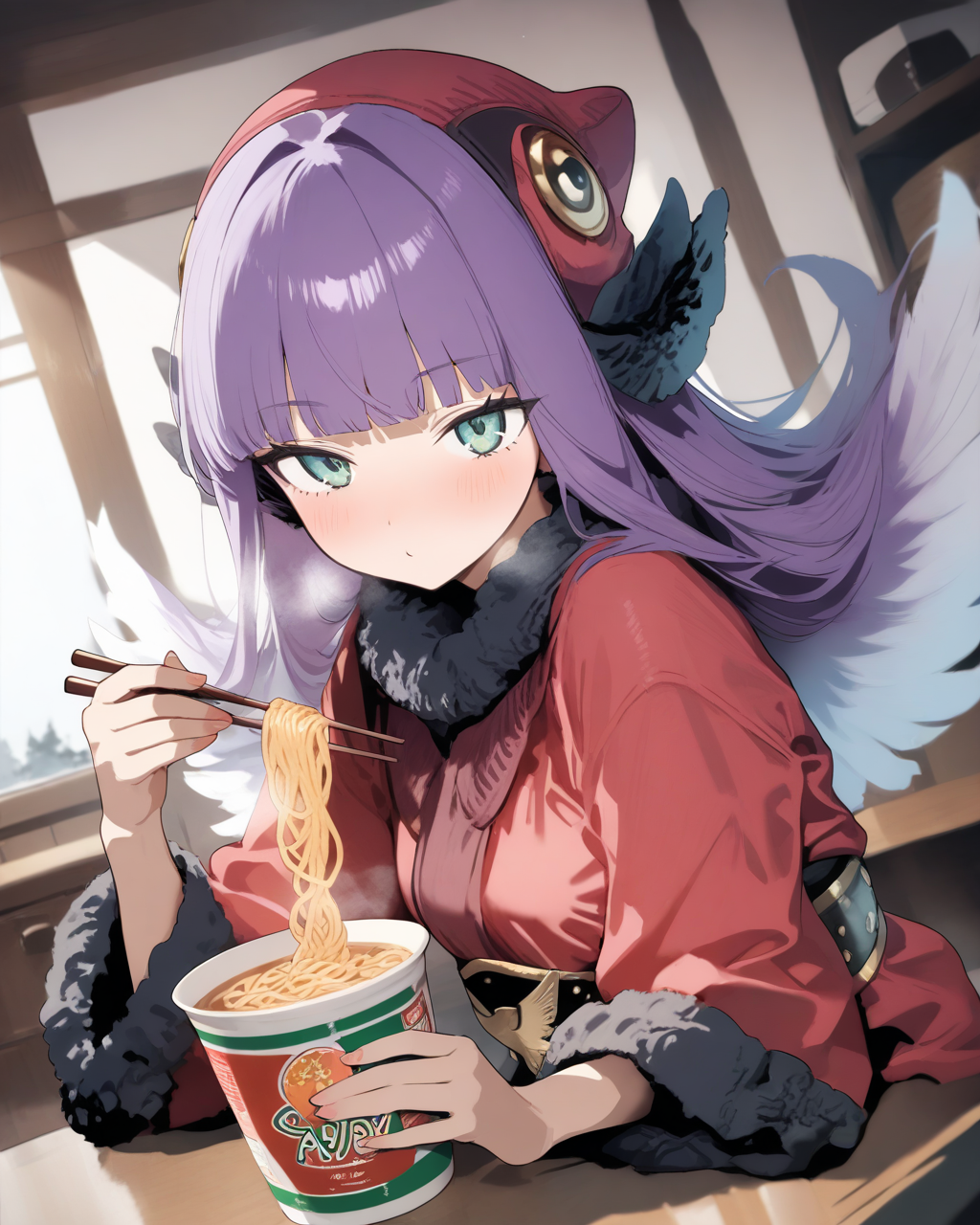 1girl,
MuuShuwuuShinMegamiTensei,
sensitive, solo, dutch angle, upper body,
long hair, hair wings, purple hair, multicolored hair, white hair,
hat, fur trim,
earmuffs,
blunt bangs,
wariza, table, holding chopsticks,
cup ramen,
long sleeves,
coat,
room,
depth of field,
<lora:kp_MuuShuwuuShinMegamiTenseiAnimagineXL_v1_0:1.0>
masterpiece, high score, great score, absurdres