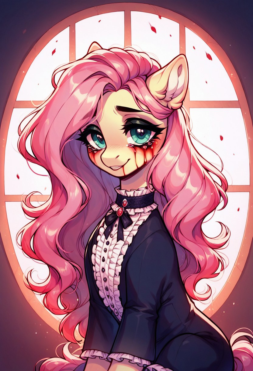 core_9, score_8_up, score_7_up, score_5_up,  score_pastel, ((masterpiece)), ((best quality)), (high detail), (ultra detail), Fluttershy, pony, (close-up face:1.2), gentle smile, (bloody tears:1.3), half-closed eyes, colorful and vibrant blood dripping, pastel gothic style, flowing mane, sitting by the window with blood-stained clothes, cinematic composition, dark and gloomy background with soft red lighting, intricate detailed shading, painterly brush strokes, glowing reflections, melancholic atmosphere, (spooky but beautiful), soft misty ambiance, horror elegance, dramatic lighting, perfect body proportions
