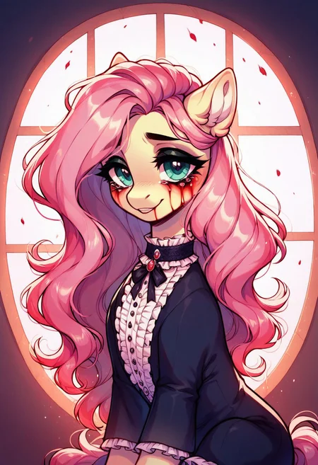 core_9, score_8_up, score_7_up, score_5_up, score_pastel, ((masterpiece)), ((best quality)), (high detail), (ultra detail), Fluttershy, pony, (close-up face:1.2), gentle smile, (bloody tears:1.3), half-closed eyes, colorful and vibrant blood dripping, pastel gothic style, flowing mane, sitting by the window with blood-stained clothes, cinematic composition, dark and gloomy background with soft red lighting, intricate detailed shading, painterly brush strokes, glowing reflections, melancholic atmosphere, (spooky but beautiful), soft misty ambiance, horror elegance, dramatic lighting, perfect body proportions
