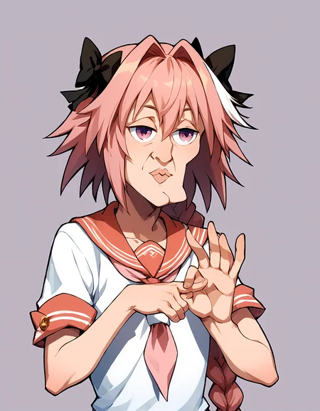 score_9, score_8_up, score_7_up, score_6_up, 1boy, solo, astolfo \(fate\),  looking at viewer,neckerchief, short sleeves,  <lora:Sex_Gesture_4-000010:0.8> ,SGER, hands,two hands,<lora:Perfect Hands v2:0.8> ,<lora:handsomize_x_pdxl_v1:1.1>, handsomize,, masterpiece,best quality,official art,anime coloring
