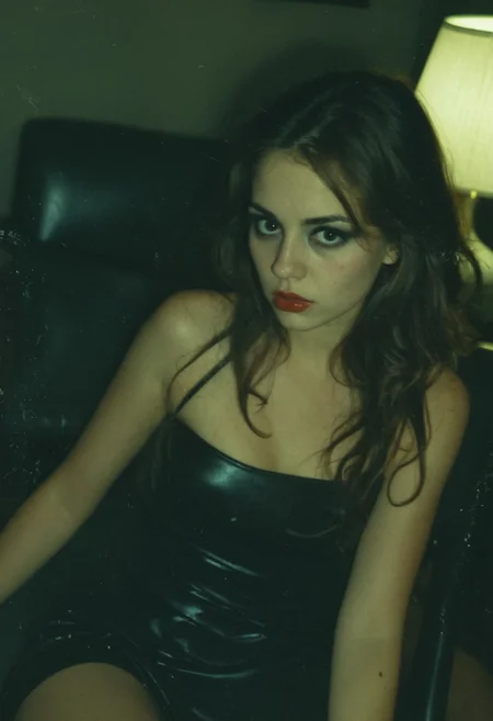 analog film photo woman, long brunette hair, dark colored eyes, sitting in a chair, living room, sexy pose, alluring look, luscious lips, glossy lipstick, dark eyeliner, rosy cheeks, staring at the viewer, sexy spaghetti strap dress, dark floors, (night, dark, moody:1.1), romantic, faded film, desaturated, 35mm photo, grainy, vignette, vintage, Kodachrome, Lomography, stained, highly detailed, found footage