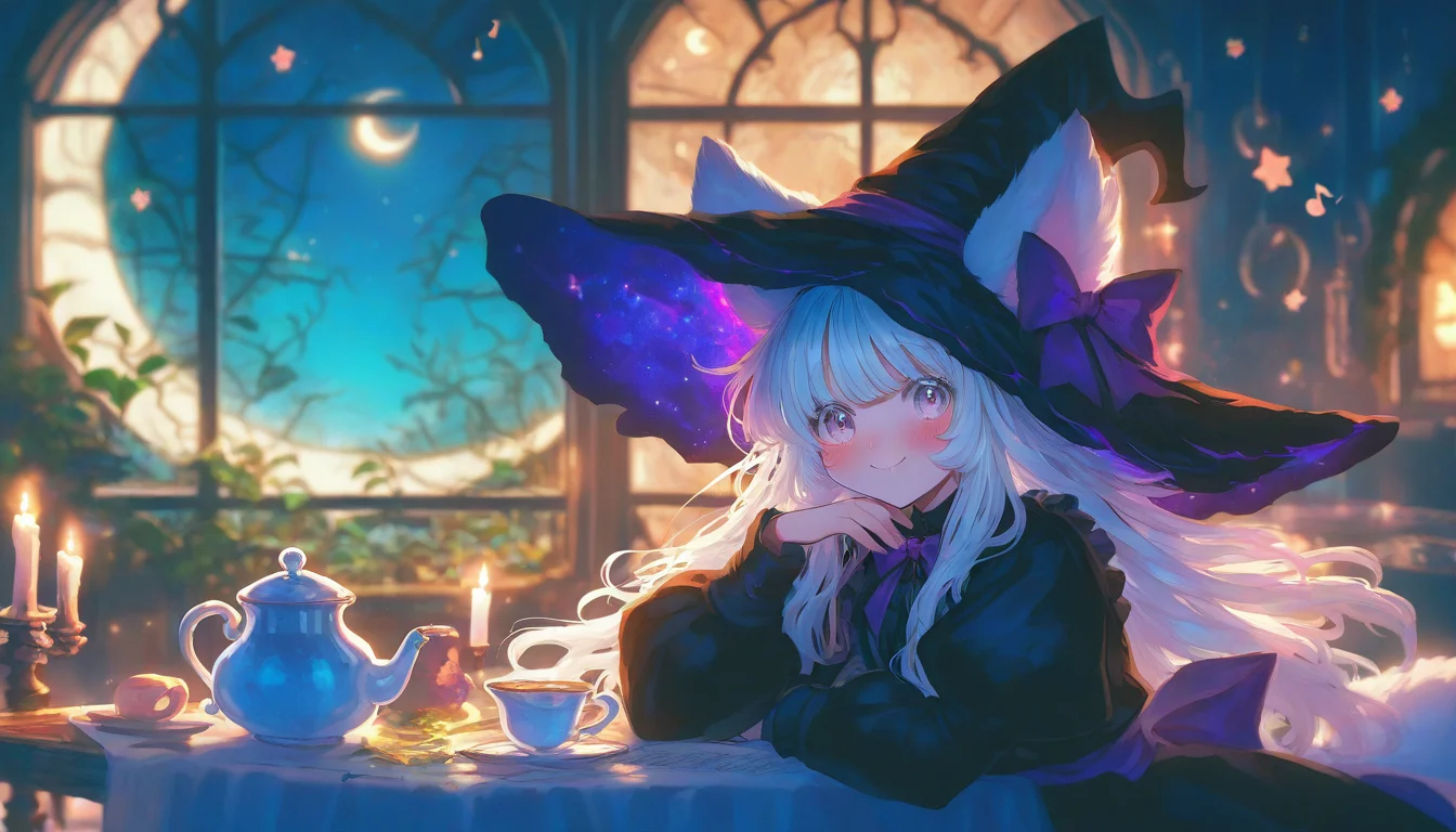 REMEMX,(takatsuki ichi:0.4),
1girl,witch hat,solo,hat,looking at viewer,smile,long hair,teacup,cup,black dress,window,candle,bangs,indoors,black headwear,moon,dress,closed mouth,witch,blush,crescent moon,animal ears,bow,teapot,white hair,night,musical note,purple eyes,table,purple bow,saucer,puffy sleeves,plant,grey eyes,
<lora:REMEMXv1-000050:1>,outdoors,