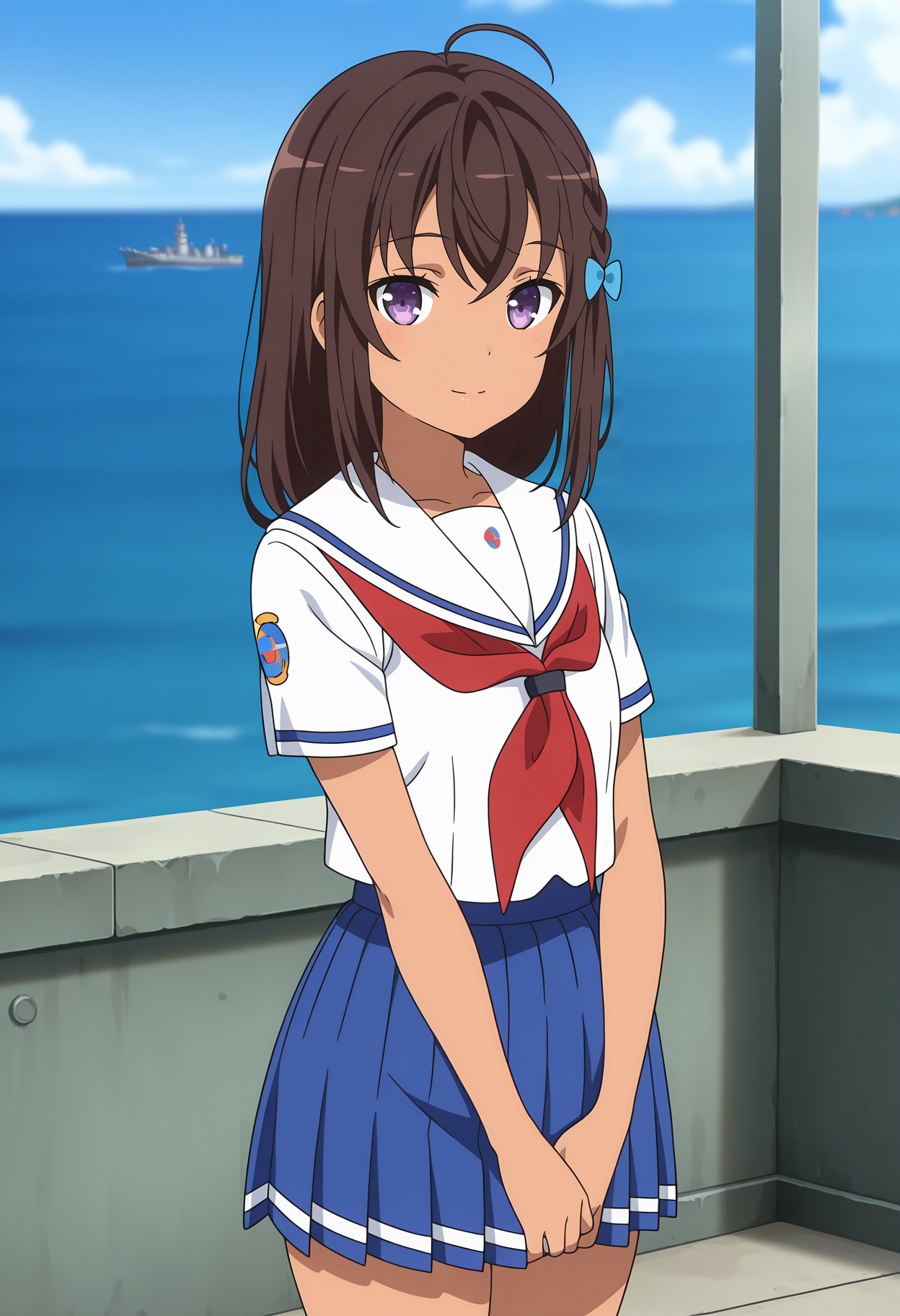 anime screencap, masterpiece, best quality,
<lora:HighSchoolFleet_UchidaMayumi_IlluXL:0.9>,
1girl, solo, closed mouth, light smile,
dark-skinned female, ahoge, long hair, brown hair, purple eyes, hair bow, blue bow,
white sailor collar, white shirt, red neckerchief, short sleeves, pleated skirt, blue skirt,
own hands together, standing, looking at viewer, cowboy shot, legs, 
horizon, dock, outdoors, battleship, warship, blue sky, blurry background