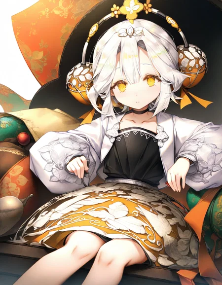 <lora:yinxiangnang-000014:1>,yinxiangnang,1girl,solo,looking at viewer,white background,simple background,cowboy shot,white hair,sitting,, masterpiece, best quality, very aesthetic, absurdres,newest, incredibly absurdres,, (lee hyeseung:0.7),(sugiyuu:0.8),
