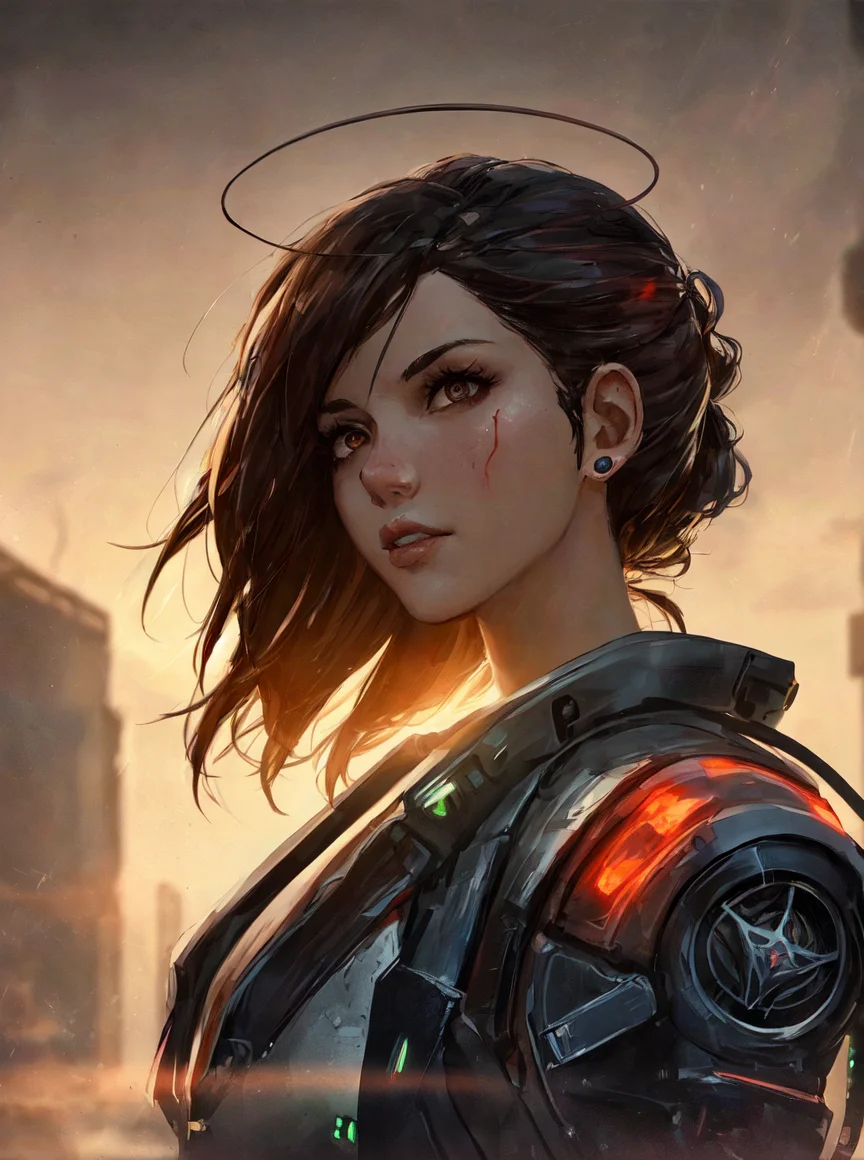 ((female:1.2)), 💥☠️🔮✨, beatiful young woman, human, v-shaped chin, (perfectly symmetrical face), ((villanous facial expression)), ((cyberpunk:1.0, retowave:0.8 colorful:1.2 outfit)), blurred environment background, neon energy halo in her back, (perfectly shaped eyes:0.8), dark black hair, tied hair, pale skin, portrait, digital art, concept art, post processed, dynamic lighting, (painted by bochen and wlop, stylized by nixeu and greg rutkowski), trend on pixiv, perfect composition, cinematic, moody, rule of thirds, majestic, detailed, sharp details, sharp focus, perfect anatomy, shiny, masterpiece, award-winning photography, fine-tuning face, masterpiece
