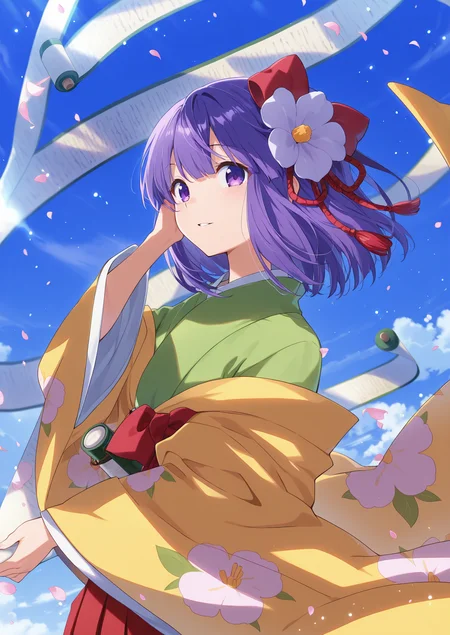 absurdres, highres, masterpiece, best quality, amazing quality, official anime artwork, screencap, anime screencap, outdoors, light smile, looking at viewer, dynamic pose,
 <lora:Hieda-no-Akyuu_Illustrious:1> hieda no akyuu, 1girl, solo, purple eyes, purple hair, short hair, hair flower,, japanese clothes, green kimono, yellow sleeves, wide sleeves, red skirt, red hakama, floral print, scroll, light particles, petals, parted lips, sky, day, floating hair,