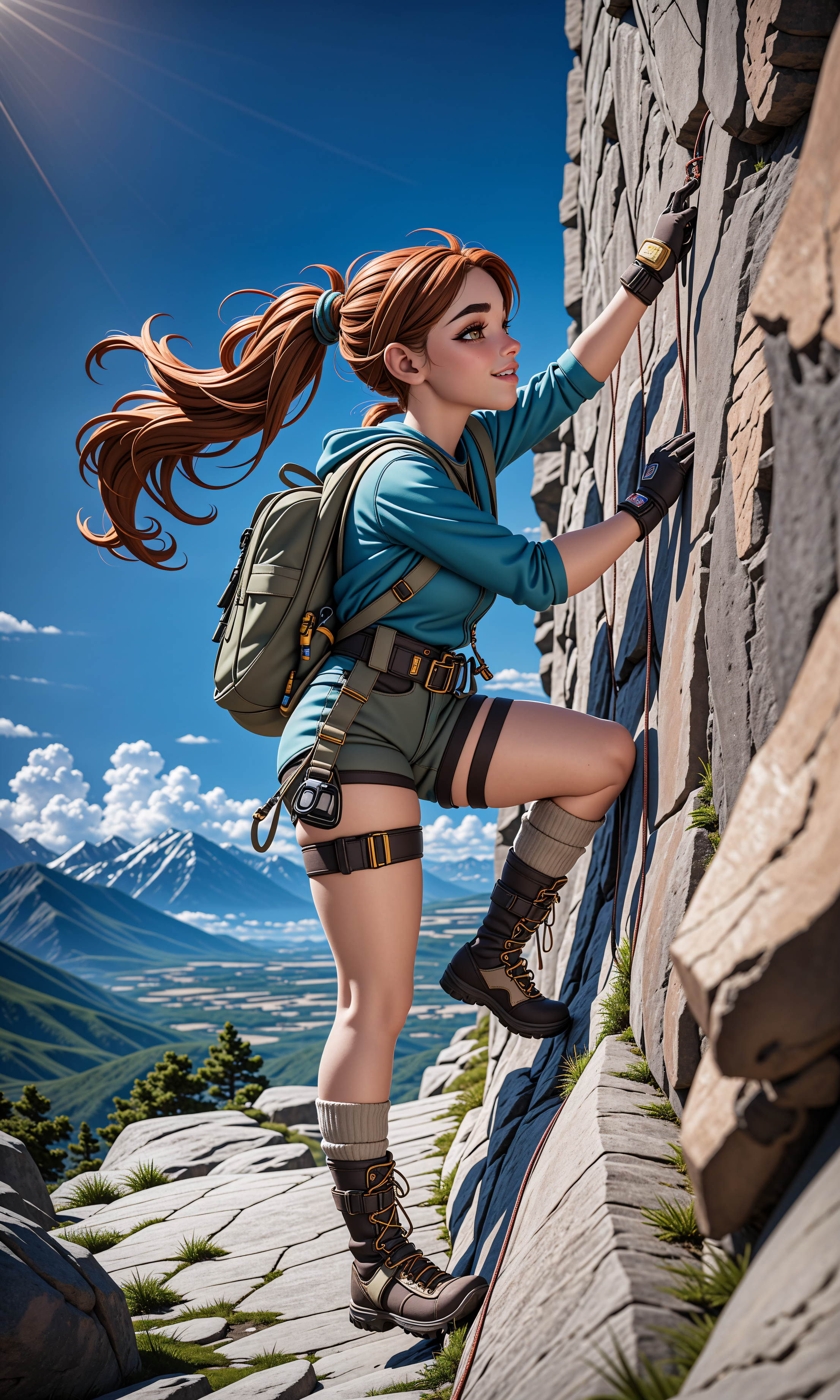 mountain cliff side, sheer rock wall, rock climbing on a mountain-side, cartoon style,
BREAK
thick wool socks, hiking boots, scaling a rock wall,
high ponytail hair, long wavy auburn hair, headband,
fingerless gloves, jacket, khaki shorts,
athletic body, remarkable image,
animation character, rope, holding onto rope, attached climbing rope,
climbing harness, backpack, carabiner, 
BREAK
action shot, analog style, timeless style, lomo style,
remarkable color, shot with cinematic camera, masterpiece, best quality, absurdres, beautiful, aesthetic, detailed, high detail, best quality, rim lighting, volumetric lighting, shallow depth of field, vignette, highly detailed, high budget, bokeh, cinemascope, epic, gorgeous, vibrant, remarkable colors, colorful,
cartoon style,