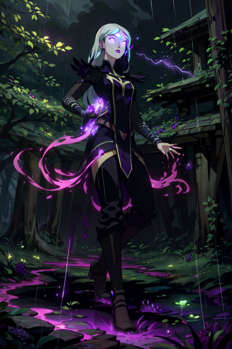Claudia, green eyes, long hair, forest, night time, dark, lightning, raining, (white hair strip:1.5), (purple magic, magic coming from hands, glowing purple eyes:1.5), (realistic:1.2), (masterpiece:1.2), (full-body-shot:1.2),(Cowboy-shot:1.2), dark romantic lighting, (highly detailed:1.2), (detailed face:1.2), (gradients), colorful, detailed eyes, (natural lighting:1.2), solo, <lora:add_detail:0.3> <lora:DragonPrince_Claudia-10:0.9>  <lora:BeautifulEyes:0.3>