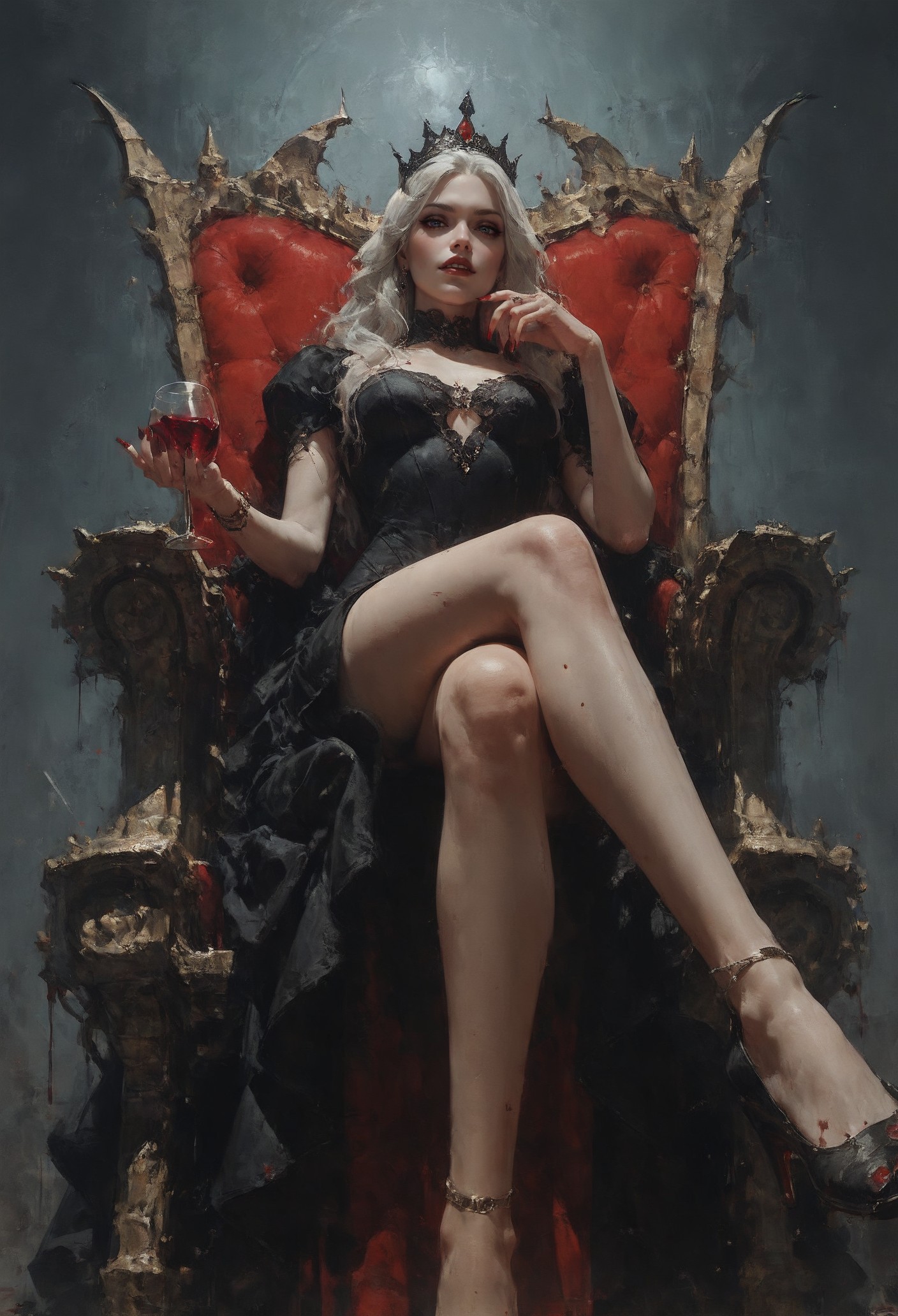 (score_9, score_8_up:1.1), score_7_up,   1girl, vampire queen, petite, white hair, long hair,  sitting on a golden throne, black royal dress, black royal miniskirt, thighs, crossed legs, from below, air of superiority, throne room, black tiara, nail polish, red fingernails, pale skin, bloody, red wine glass, bats,  <lora:d4rk01lXLP:0.7>  <lora:Concept Art Eclipse Style LoRA_Pony XL v6:0.5>