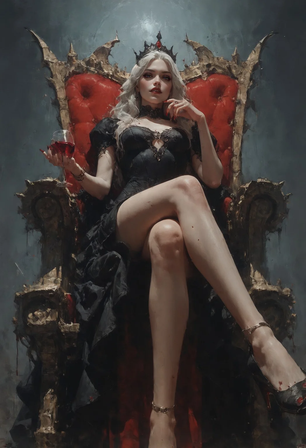 (score_9, score_8_up:1.1), score_7_up, 1girl, vampire queen, petite, white hair, long hair, sitting on a golden throne, black royal dress, black royal miniskirt, thighs, crossed legs, from below, air of superiority, throne room, black tiara, nail polish, red fingernails, pale skin, bloody, red wine glass, bats, <lora:d4rk01lXLP:0.7> <lora:Concept Art Eclipse Style LoRA_Pony XL v6:0.5>