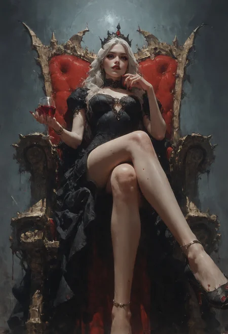 (score_9, score_8_up:1.1), score_7_up, 1girl, vampire queen, petite, white hair, long hair, sitting on a golden throne, black royal dress, black royal miniskirt, thighs, crossed legs, from below, air of superiority, throne room, black tiara, nail polish, red fingernails, pale skin, bloody, red wine glass, bats, <lora:d4rk01lXLP:0.7> <lora:Concept Art Eclipse Style LoRA_Pony XL v6:0.5>