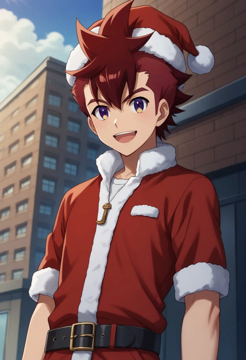 score_9, score_8_up, score_7_up, source_anime, highly detailed,
rekka, 1boy, male focus, solo, upper body, red hair, purple eyes, yellow eyes, looking at viewer, spiked hair, santa hat, santa costume, belt, smile, open mouth, happy, outdoor, buildings, sky, clouds, day