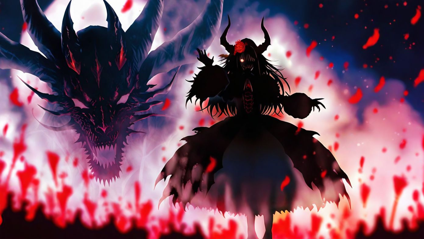1girl, mature woman , flat chest   , demon,  black hair, long hair, mole, horns,  sharp teeth,  blurry background, dark fantasy, Fantasy kingdom at sunset background, (blood on face), blood on clothes, horror, lycoris, red flower, red petals, black gothic dress, headdress, frilled, puffy sleeves, hair flower, garter, reaching out, scared, silhouette, harada miyuki style, masterpiece, best quality, <lora:harada_miyuki_style:1>