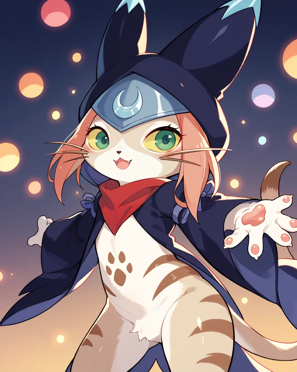 score_9, score_8_up, score_7_up, source_anime, solo, 1girl, furry, tsukino \(monster hunter stories\), A bustling, colorful street fair with festive decorations and lively music, outstretched arms, <lora:last-000001:1>