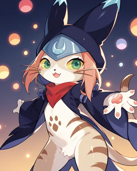 score_9, score_8_up, score_7_up, source_anime, solo, 1girl, furry, tsukino \(monster hunter stories\), A bustling, colorful street fair with festive decorations and lively music, outstretched arms, <lora:last-000001:1>